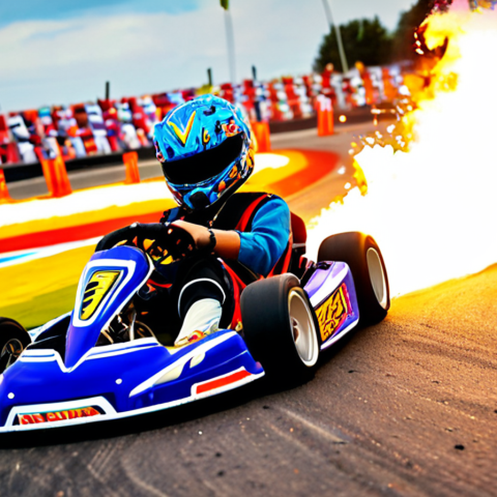 **

A vibrant and action-packed KartRider race scene. Focus on a kart drifting expertly around a sharp turn, with sparks flying and a burst of nitro flames behind it. The background shows a colorful and exciting track environment, perhaps with other karts visible in the distance. Highlight the speed and excitement of drifting as a key technique.

**