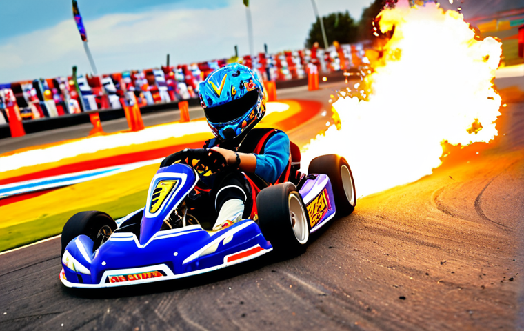 **
A vibrant and action-packed KartRider race scene. Focus on a kart drifting expertly around a sharp turn, with sparks flying and a burst of nitro flames behind it. The background shows a colorful and exciting track environment, perhaps with other karts visible in the distance. Highlight the speed and excitement of drifting as a key technique.
**