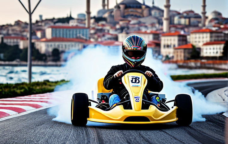 Mastering the Drift**
A KartRider vehicle, specifically the 'Solid' kart, powersliding around a tight corner on a brightly colored track, emphasizing a controlled drift. Sparks fly from the tires. Focus on demonstrating smooth control and the accumulation of nitro. The background features a Turkish cityscape like Istanbul, with recognizable landmarks subtly incorporated.
**
