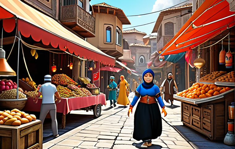 **Prompt:** A vibrant and dynamic Kartrider fanart scene, showcasing popular characters redesigned in a humorous and action-packed style. The setting is a lively Turkish bazaar with Kartrider elements subtly incorporated, reflecting local culture and adding a touch of humor. The art style is inspired by classic Turkish cartoon magazines.