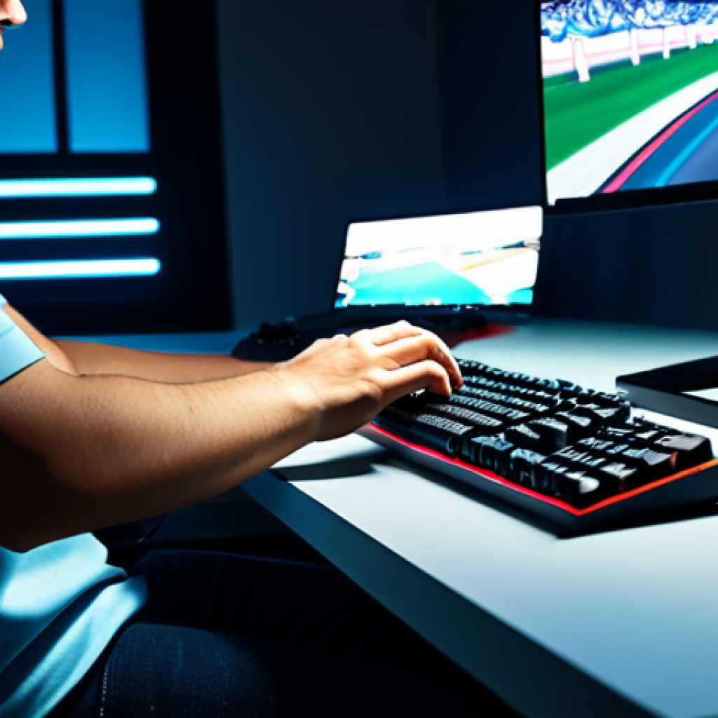 A focused gamer, fully clothed in modest, comfortable attire, intensely concentrated on a racing game. Their hands are precisely positioned on a keyboard, performing a challenging drift on a vibrant, stylized track shown on a sleek monitor. The setting is a clean, modern gaming desk with professional lighting. The subject has perfect anatomy, correct proportions, and a natural pose, with well-formed hands and proper finger count. safe for work, appropriate content, fully clothed, professional.