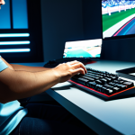 A focused gamer, fully clothed in modest, comfortable attire, intensely concentrated on a racing game. Their hands are precisely positioned on a keyboard, performing a challenging drift on a vibrant, stylized track shown on a sleek monitor. The setting is a clean, modern gaming desk with professional lighting. The subject has perfect anatomy, correct proportions, and a natural pose, with well-formed hands and proper finger count. safe for work, appropriate content, fully clothed, professional.
