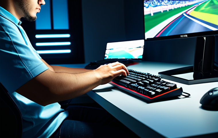 A focused gamer, fully clothed in modest, comfortable attire, intensely concentrated on a racing game. Their hands are precisely positioned on a keyboard, performing a challenging drift on a vibrant, stylized track shown on a sleek monitor. The setting is a clean, modern gaming desk with professional lighting. The subject has perfect anatomy, correct proportions, and a natural pose, with well-formed hands and proper finger count. safe for work, appropriate content, fully clothed, professional.